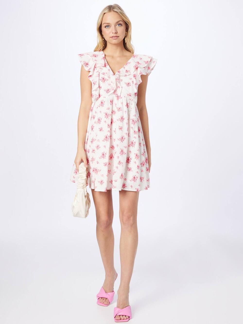River Island Frill Smock Mini Dress Womens Small Linen Pink Floral Ruffle White